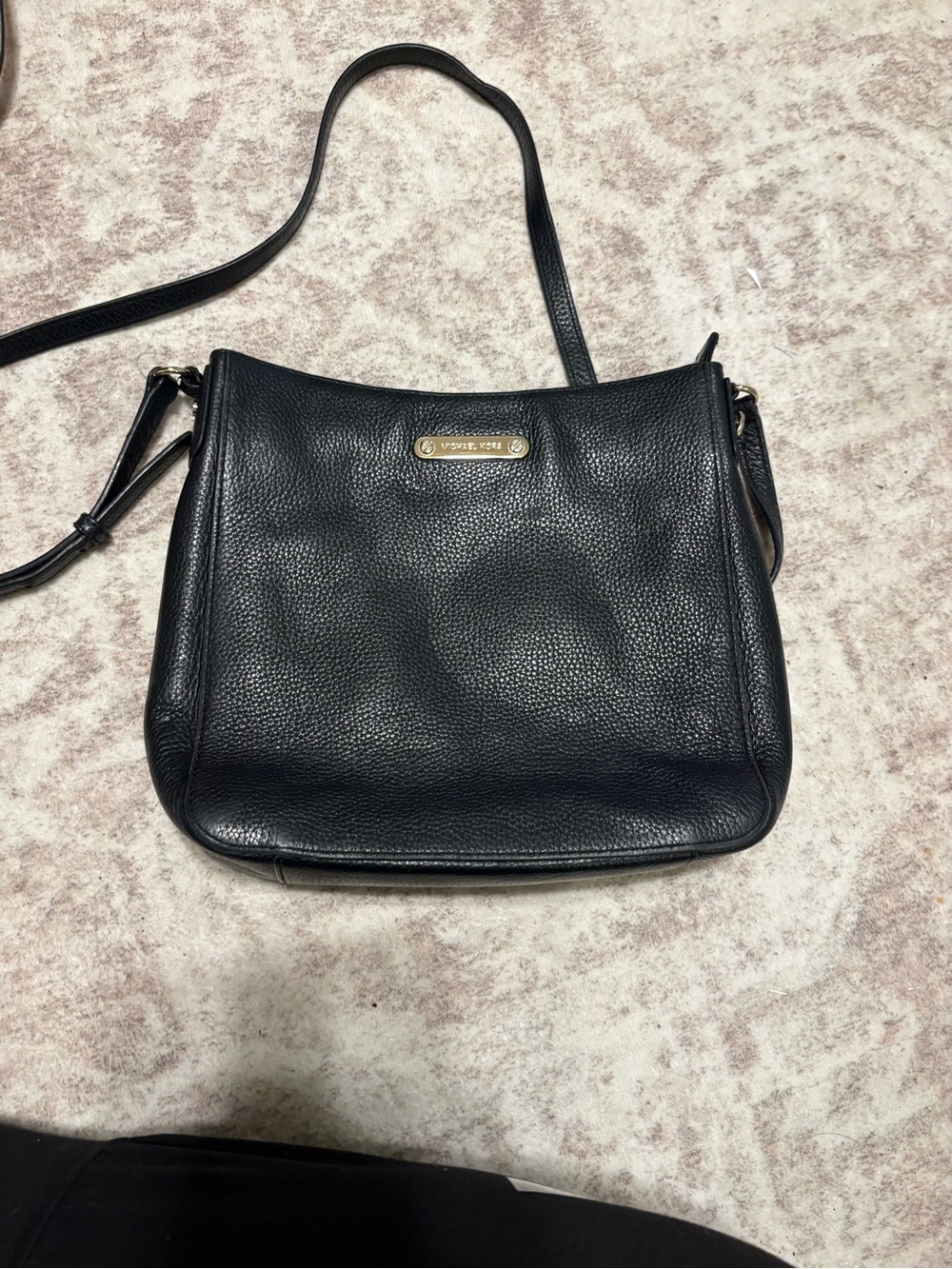 Michael Kors Black Pebbled Leather Flap Crossbody with Gold Plaque